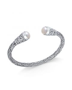 Cultured Freshwater Pearl (10mm) Filigree Cuff Bangle Bracelet in Sterling Silver