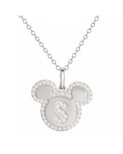 Mickey Mouse Cubic Zirconia Initial Pendant 18" Necklace in Sterling Silver