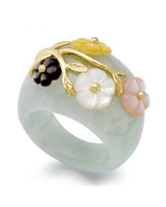 Jade and Multicolored Mother of Pearl (8mm) Flower Ring in 14k Gold over Sterling Silver