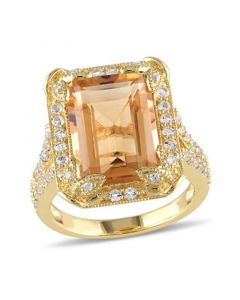 Citrine (6-1/4 ct. t.w), White Topaz (1-1/3 ct. t.w.) and Diamond Accent Halo Leaf Ring in 18k Yellow Gold Over Sterling Silver