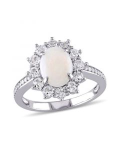 Oval Cut Opal (1 ct. t.w.), White Topaz (1 ct. t.w.) and Diamond (1/10 ct. t.w.) Halo Ring in Sterling Sterling Silver