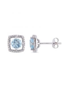 Blue Topaz (1 ct. t.w.) and Diamond Accent Halo Square Stud Earrings in 10k White Gold