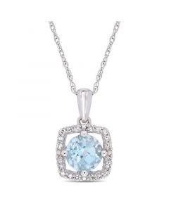 Blue Topaz (1 ct. t.w.) and Diamond (1/10 ct. t.w.) Square Halo 17" Necklace in 10k White Gold