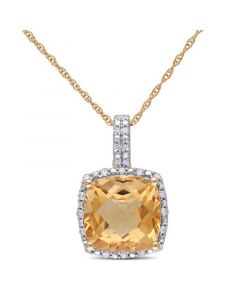 Cushion Cut Citrine (4 ct. t.w.) and Diamond (1/10 ct. t.w.) Halo 17" Necklace in 10k Yellow Gold