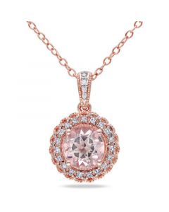 Morganite (1-1/6 ct. t.w.) and Diamond (1/10 ct. t.w.) Halo 18" Necklace in Rose Gold over Silver