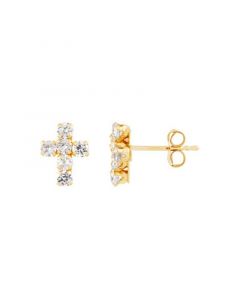 Cubic Zirconia Cross Button Earrings in 14K Gold