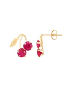 Created Ruby (1-1/3 ct. t.w.) Button Cherry Leaf Earrings in 10k Yellow Gold