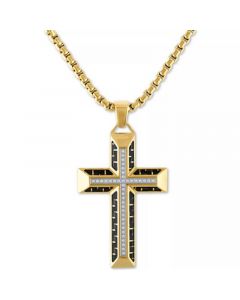 Diamond Cross 22" Pendant Necklace in Gold Tone Ion-Plated Stainless Steel & Black Carbon Fiber, Created for Macy's (Also in Black Ion Plated Stainless Steel)