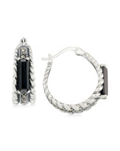 Onyx (3-1/2 x 9-1/2mm) & Marcasite Hoop Earrings in Sterling Silver