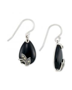 Onyx (12 x 18 x 4mm) & Marcasite Teardrop Drop Earrings in Sterling Silver