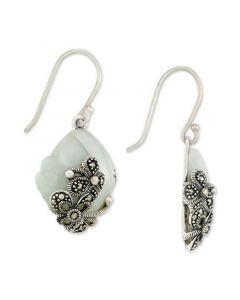 Jade (15 x 20 x 4mm) & Marcasite Flower Drop Earrings in Sterling Silver