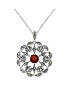 Rhodolite Garnet (2 ct. t.w.) & Marcasite Flower 18" Pendant Necklace in Sterling Silver