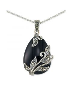 Onyx (16 x 22 x 5mm) & Marcasite Teardrop 18" Pendant Necklace in Sterling Silver