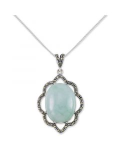 Jade (15 x 20 x 6mm) & Marcasite Flower 18" Pendant Necklace in Sterling Silver