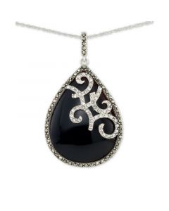 Onyx (27 x 96mm), Marcasite & Crystal Teardrop 18" Pendant Necklace in Sterling Silver