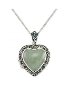 Jade (13mm) & Marcasite Heart Locket 18" Pendant Necklace in Sterling Silver