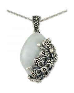 Jade (18 x 25 x 5mm) & Marcasite Floral 18" Pendant Necklace in Sterling Silver