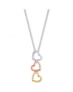 Diamond Triple Heart Tricolor 18" Pendant Necklace (1/8 ct. t.w.) in Sterling Silver, Gold-Plate & Rose Gold-Plate