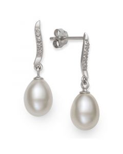 Cultured Freshwater Pearl (7-8 mm) and Diamond Accent Swirl Earring in Sterling Silver