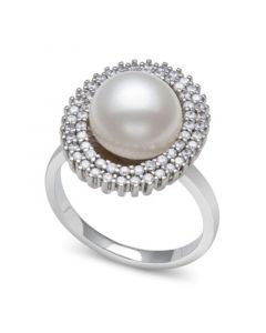 Cultured Freshwater Pearl (9-10 mm) and Cubic Zirconia Encrusted Ring in Sterling Silver