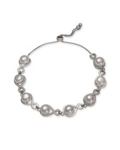 Cultured Freshwater Pearl (7-8 mm) and Cubic Zirconia Infinity Bolo Bracelet in Sterling Silver