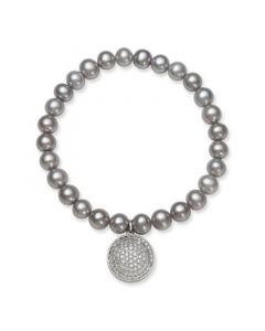 Gray Cultured Freshwater Pearl (7-8 mm) and Cubic Zirconia Stretch Bracelet with Charm in Sterling Silver