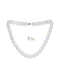 White Freshwater Cultured Pearl (11-11.5 mm) Strand Necklace and Stud Earrings Set in 14k Yellow Gold