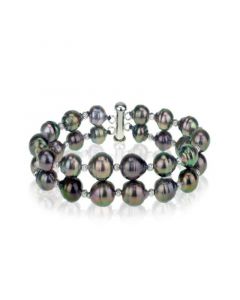 Black Tahitian Cultured Pearl (8-10 mm) Double-Row Bracelet in Sterling Silver