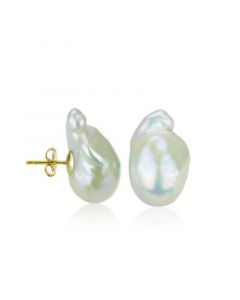 White Cultured Freshwater Pearl (15-17mm) Stud Earrings in 14k Yellow Gold