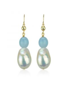 White Freshwater Cultured Pearl (11-14mm) and Blue Aquamarine (9 1/ 2 ct. t.w) Dangle Earrings in 14k Yellow Gold