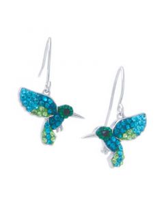 Multi Pave Crystal Hummingbird Wire Drop Earrings set in Sterling Silver