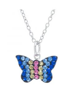 Multicolor Pave Crystal Butterfly Pendant With 18" Chain set in Sterling Silver