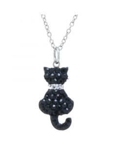 Black Pave Crystal Cat Pendant with 18" Chain set in Sterling Silver