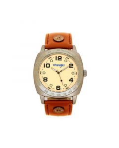 Men's Watch, 44MM IP Grey Cushion Shaped Case, Beige Dial with Black Arabic Numerals, Brown Strap Rivets, Second Hand