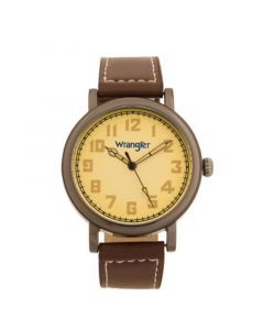 Men's Watch, 50MM Antique Grey Case with Beige Dial, White Arabic Numerals, with White Hands, Brown Strap with White Stitching, Over Sized Crown