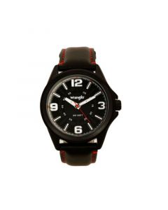 Men's Watch, 48MM IP Black Case with Cutout Black Dial, White Arabic Numerals, Black Strap with Red Stitching, Analog , Red Second Hand