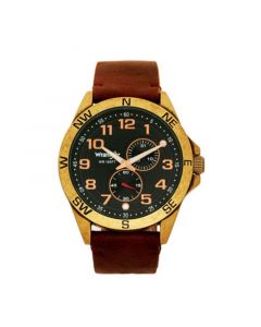 Men's Watch, 48MM Antique Brass Plated Case, Compass Directions on Bezel, Black Dial, Antiqued Arabic Numerals, Multi Function Date and Second Hand Subdials, Brown Leather Strap