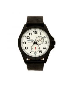 Men's Watch, 48MM Black Case, Compass Directions on Bezel, White Dial, Black Arabic Numerals, Multi-Function Date and Second Hand Subdials, Black Strap