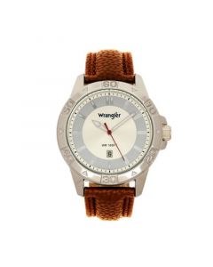 Men's Watch, 46MM Silver Colored Case with Embossed Arabic Numerals on Bezel, Ivory Sunray Dial, Silver Index Markers, Analog, Brown Strap