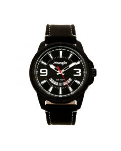 Men's Watch, 48MM Black Ridged Case with Black Zoned Dial, Outer Zone is Milled with White Index Markers, Outer Ring Has is Marked with White, Analog Watch with Red Second Hand and Crescent