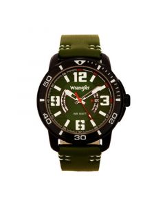 Men's Watch, 48MM IP Black Case with White Printed Arabic Numerals on Outer Black Bezel, Black Dial with Dual Crescent Windows, Date Function, Green Strap with White Accent Stitch Analog