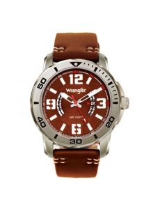 Men's Watch, 48MM Silver Colored Case with Black Printed Arabic Numerals on Outer Steel Bezel, Brown Dial with Dual Crescent Windows, Date Window , Brown Strap with White Accent Stitch Analog