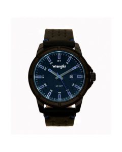 Men's Watch 48MM IP Black Case with Black Dial, Blue Index Markers, Sand Satin Dial, Analog, Date Function, Blue Second Hand, Black Strap with Blue Accent Stitch