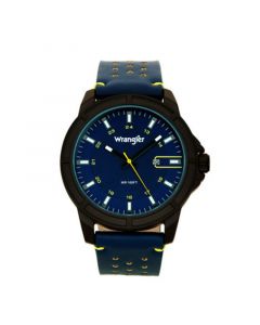 Men's, 48MM IP Black Case, Blue Dial, White Index Markers, Sand Satin Dial, Analog, Date Function, Yellow Second Hand, Blue Strap with Yellow Accent Stitch