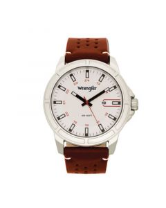 Men's, 48MM Silver Case with White Dial, White Index Markers, Sand Satin Dial, Analog, Date Function , Red Second Hand, Brown Strap with White Accent Stitch