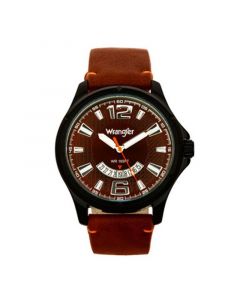 Men's Watch, 48MM IP Black Case, Brown Zoned Dial with White Markers and Crescent Cutout Date Function, Brown Strap with Red Accent Stitch Analog, Red Second Hand