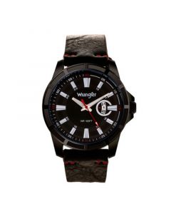 Men's Watch, 46MM IP Black Case with Cutout Bezel, Black Milled Dial with White Index Markers, Analog, Red Second Hand and Cutout Crescent Date Function, Black Strap with Red Accent Stitch