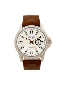 Men's Watch, 46MM Silver Colored Case with Cutout Bezel, Silver Milled Dial with White Index Markers, Analog. Red Second Hand and Cutout Crescent Date Function, Brown Strap with Red Accent