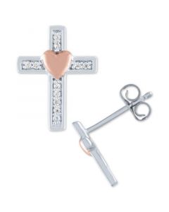 Diamond Accent Cross Stud Earrings in Sterling Silver & Rose Gold-Plate