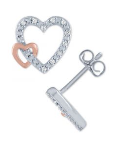 Diamond Accent Double Heart Stud Earrings in Sterling Silver & Rose Gold-Plate